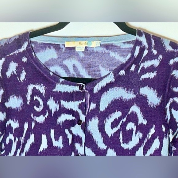 Boden 100% Wool Button-Up Cardigan in Purple & Blue Swirls w/ Suede Placket, 6 - Picture 9 of 16